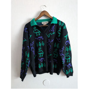 Sweet Baby Jane Alpaca Animal Print Sweater Aztec Women Sz L Waffle Knit Comfy